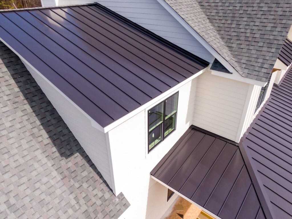 aerial view of newly cleaned metal standing seam roof