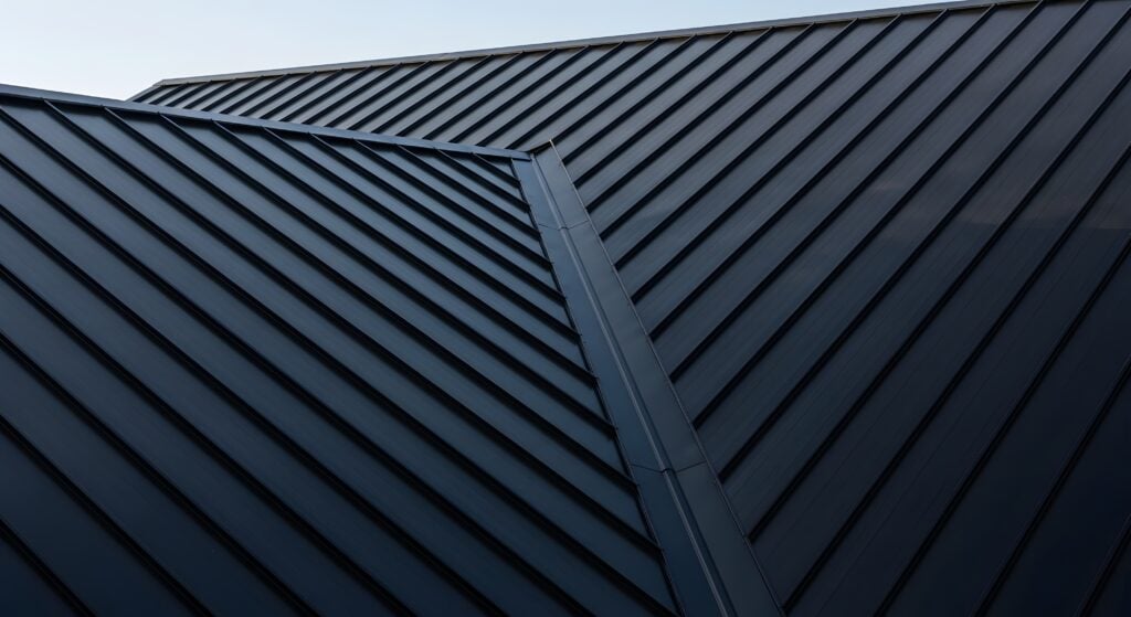 A close-up of a dark metal roof showcasing its clean lines and modern design, highlighting the architectural details and material quality.